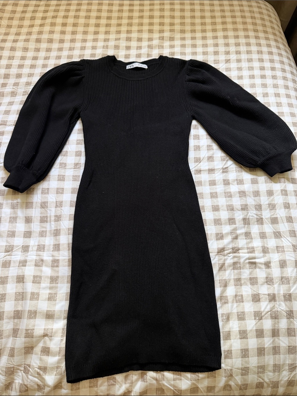 Zara Black Ribbed Puff-Sleeve Midi Dress